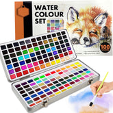 Keep Smiling 100 Colours Watercolour Paint Set with 50 Regular, 44 Metallic, 6 Fluorescent Colours, Water Brush, Drawing Pencil, Brush Pen Perfect Starter Kit for Watercolor Painting