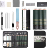 Like it Art Sketching Pencils Drawing Kit 42 Pcs with Zippered Carrying Case (26 Pencil | 6 Sticks | 3 Stumps | 3 Eraser | 1 Sharpener | 1 Sandpaper | 1 Cutter | 1 Extender | 1 Carry Case)