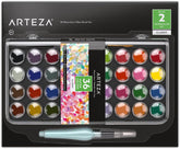 Arteza 36 Watercolor Paint Color Cakes, 1 Water Brush Pen Art Supplies Travel Kit