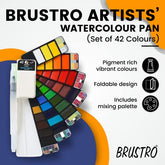 BRUSTRO Artists Watercolour Travel Pan Set of 42 Colours | Foldable, Rich Pigment, Vibrant Colors, Ideal for Plein Air Painting, Fine Art Students, Professional Use (Includes Mixing Palette)