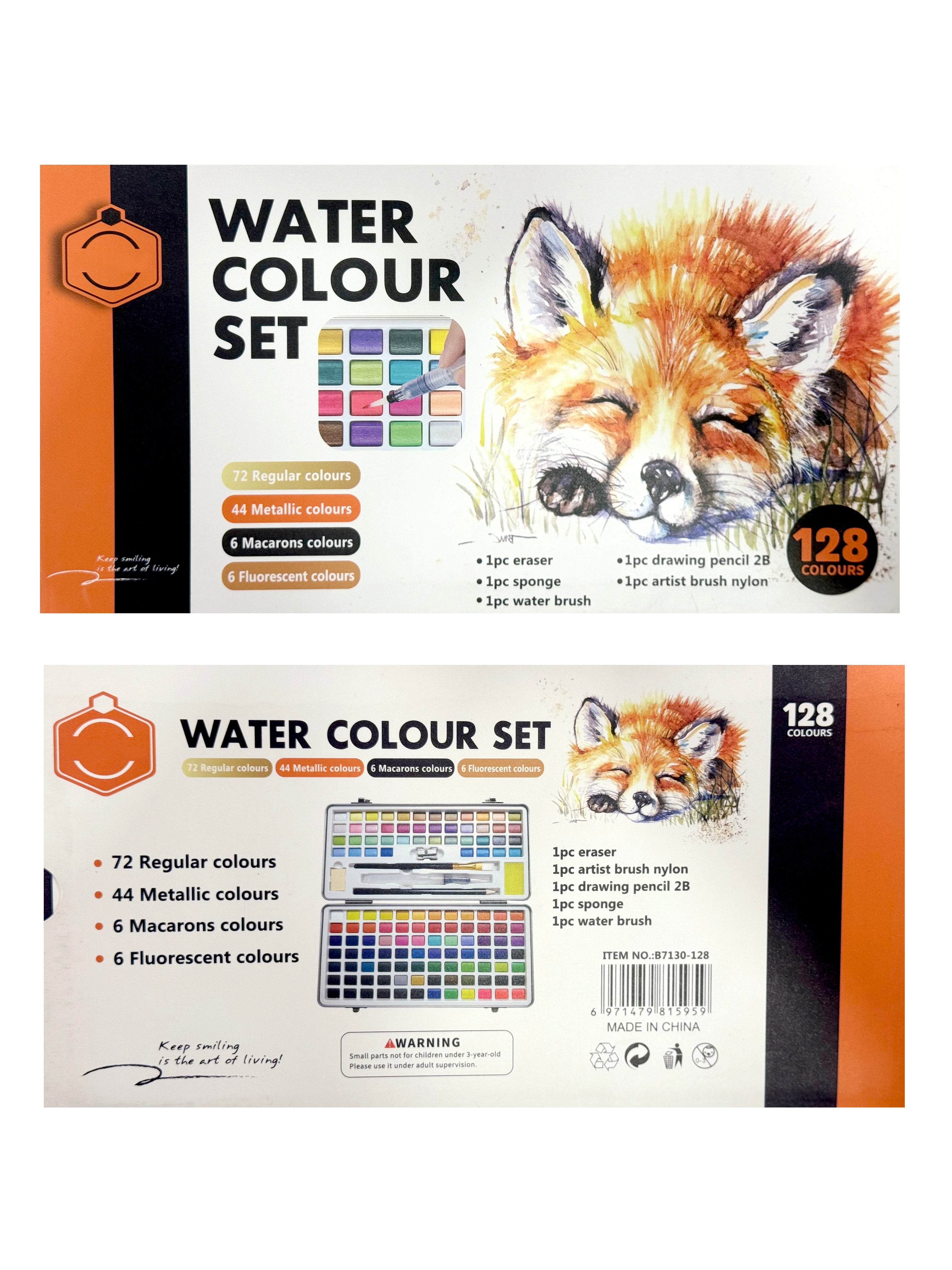 Keep Smiling ﻿128 Colours Watercolour Paint Set with 72 Regular, 44 Metallic, 6 Macarons, 6 Fluorescent Colours, Artist Brush, Pencil Perfect Starter Kit for Watercolor Painting