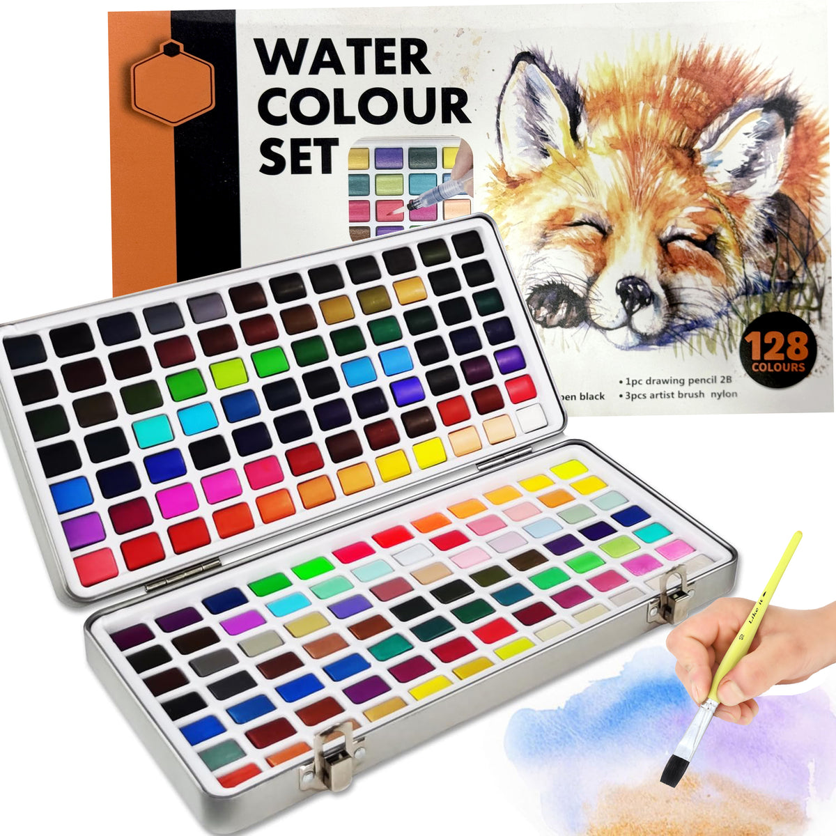 Keep Smiling ﻿128 Colours Watercolour Paint Set with 72 Regular, 44 Metallic, 6 Macarons, 6 Fluorescent Colours, Artist Brush, Pencil Perfect Starter Kit for Watercolor Painting