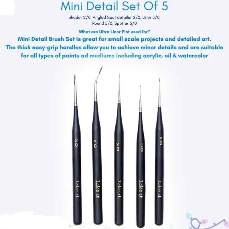 Like it Artist Mini Detailers Detailing Professionals Painting Brushes Ideal for Detailing Set of 5 (MATT Black) With Brush Holder