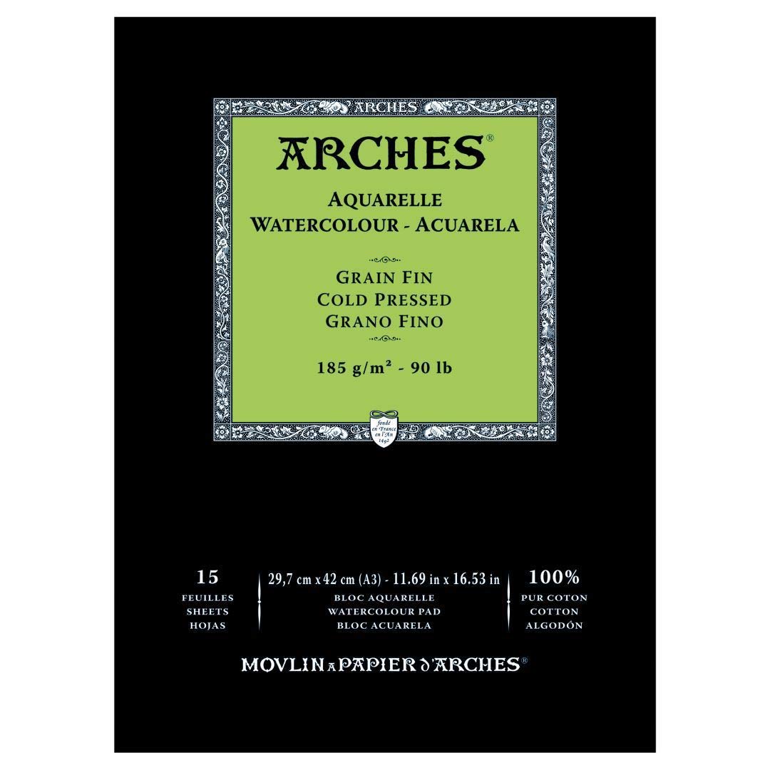 Arches Watercolour- Aquarelle – A3 (29.7 cm x 42 cm) Natural White Fine Grain/Cold Press 185 GSM Paper, Short Side Glued Pad of 15 Sheets