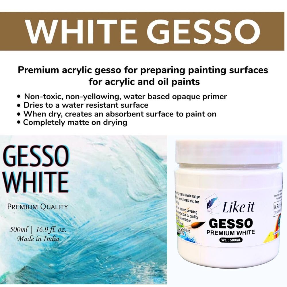 Like it Premium White Gesso Primer for Canvas, Wood, Board, Acrylic, Oil Painting, White Gesso (500 ML)