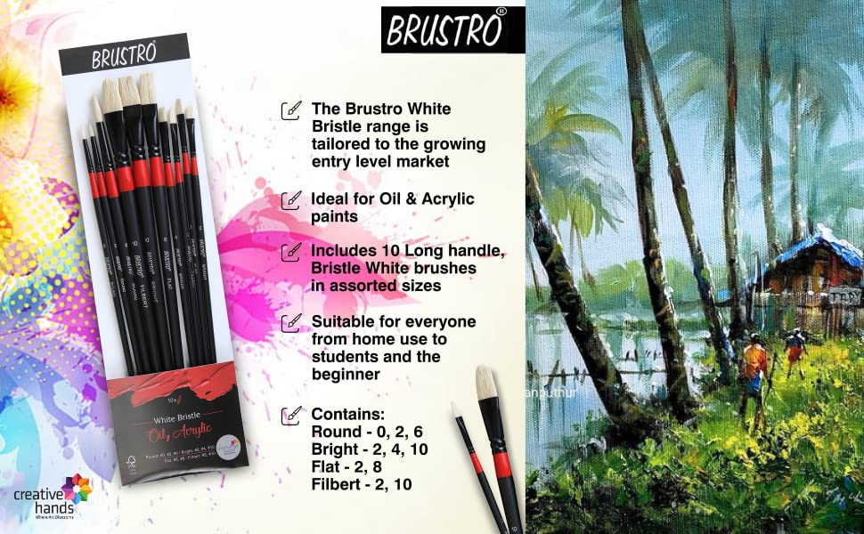 BRUSTRO Artists ’ White Bristle Set of 10 Brushes for Oil and Acrylic