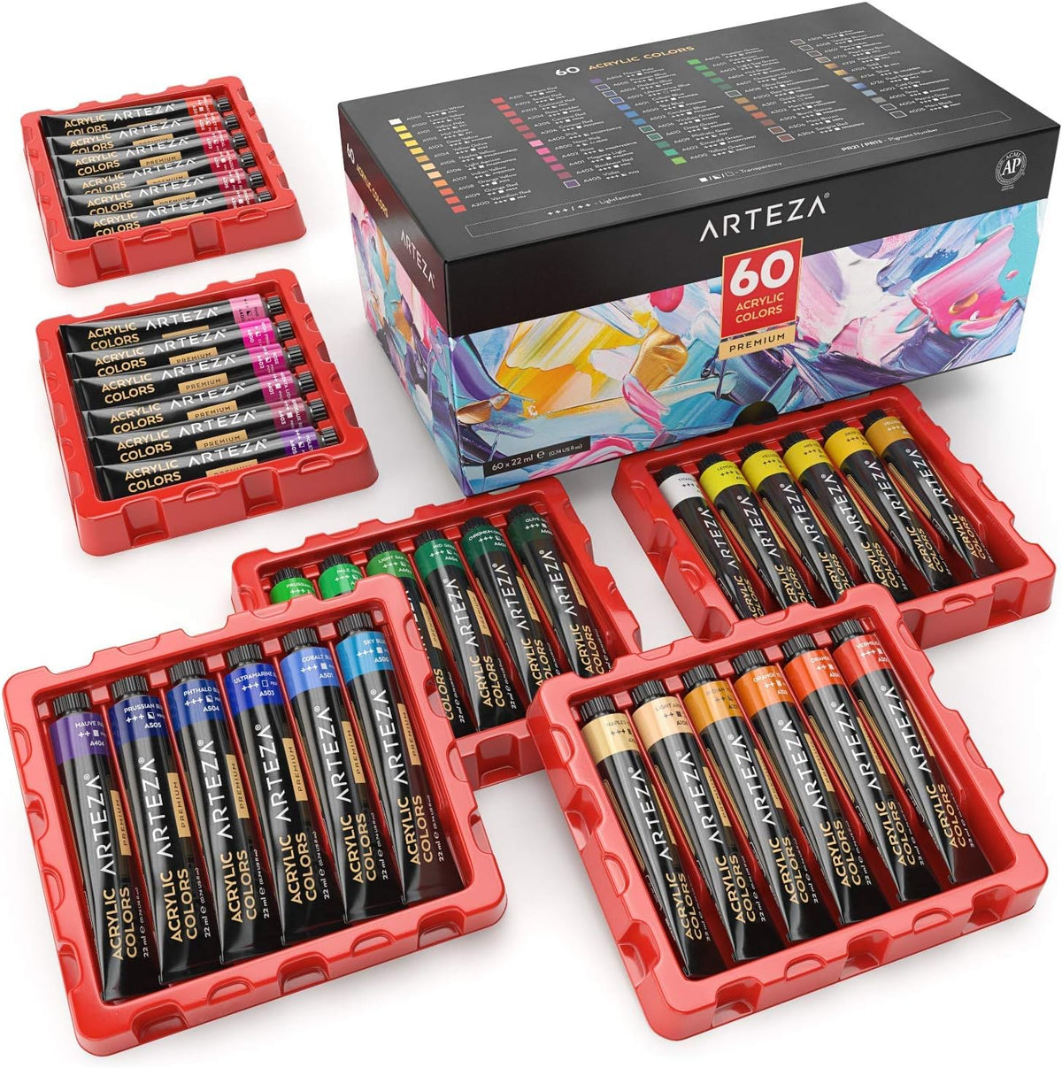 Arteza Acrylic Paint Set, 60 Colors/Tubes (22 ml, 0.74 oz.) with Storage Box, Rich, Pigments, Non Fading, Non Toxic for the Professional Artist