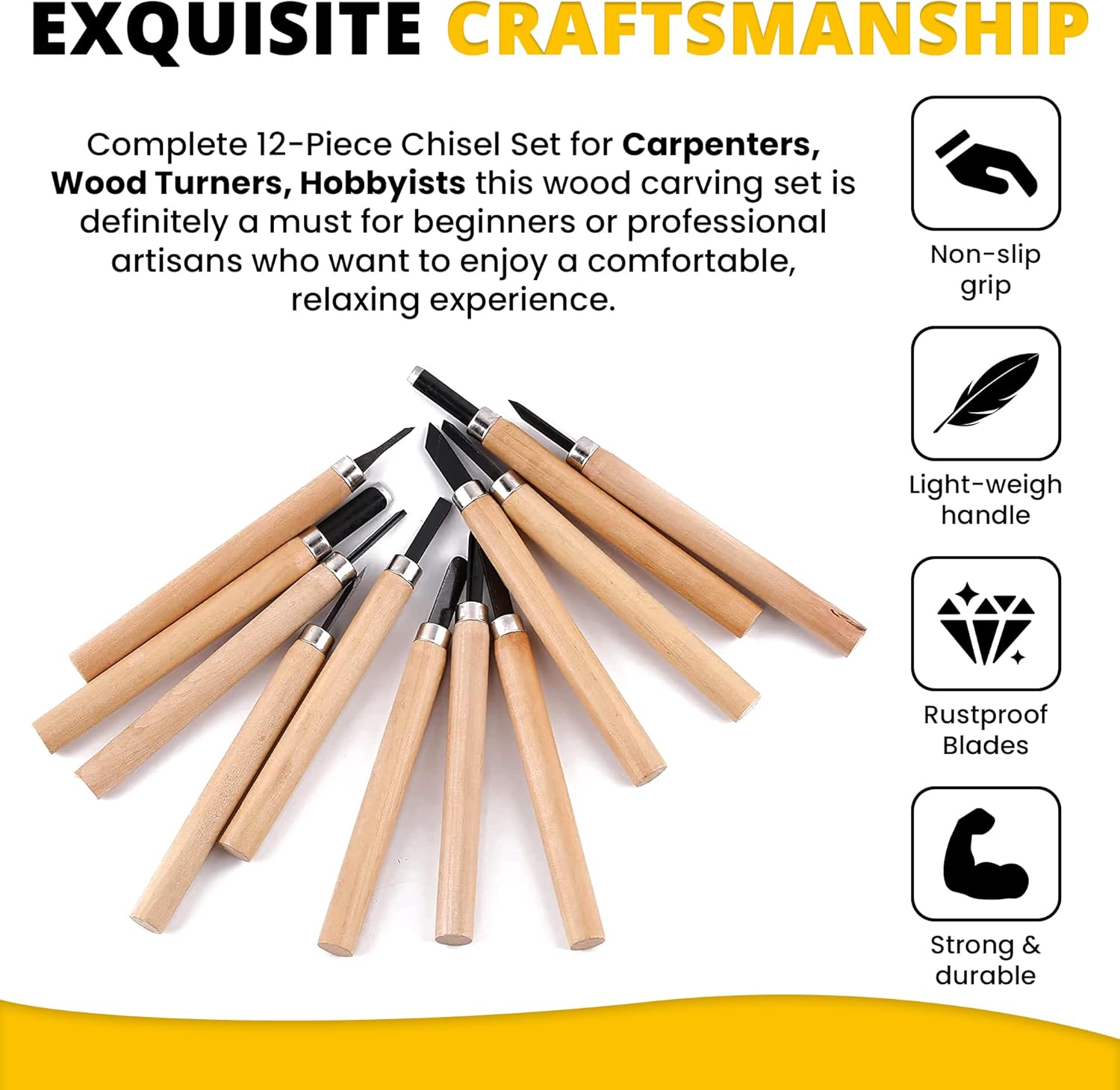 Like it Wood Carving Tools 12-Pcs Set – Premium Grade Wood Chisel for Beginners and Professional Wood Carvers Wood Carving Set with Strong Durable Steel Blades Chisel knife set artwork supplier