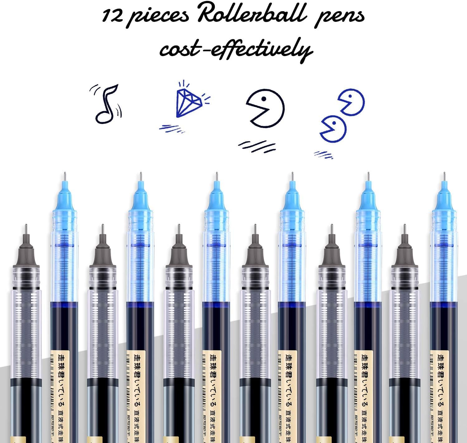 Liquid Ink Rolling Ball Stick Pens, Extra Fine Point (0.5mm) Rollerball Pens 6pc Blue, 6pc Black Pack of 12