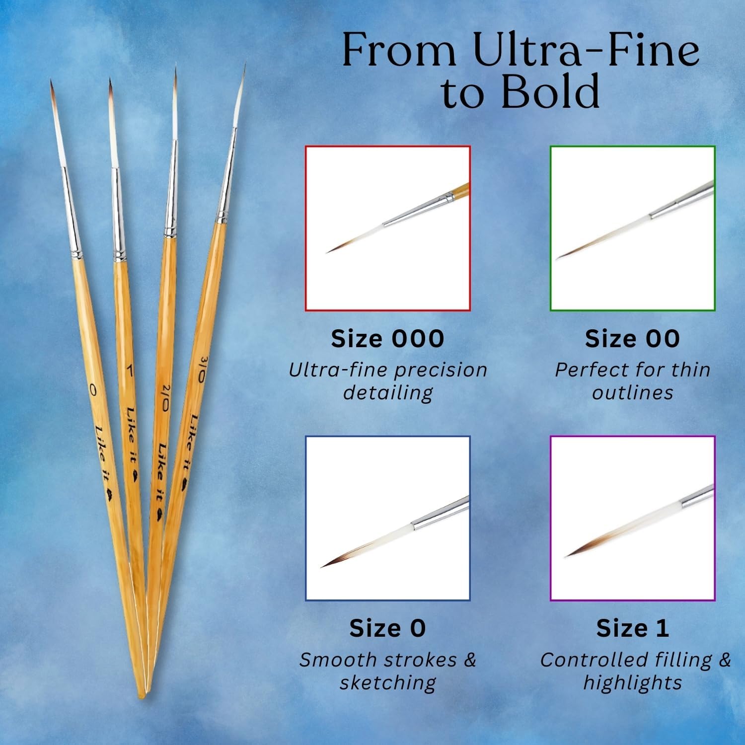 Like it Long Liner/Detailing Paint Pointed Rigger Script Brushes Range Size: 000, Size: 00, Size: 0, Size: 1 With Brush Holder