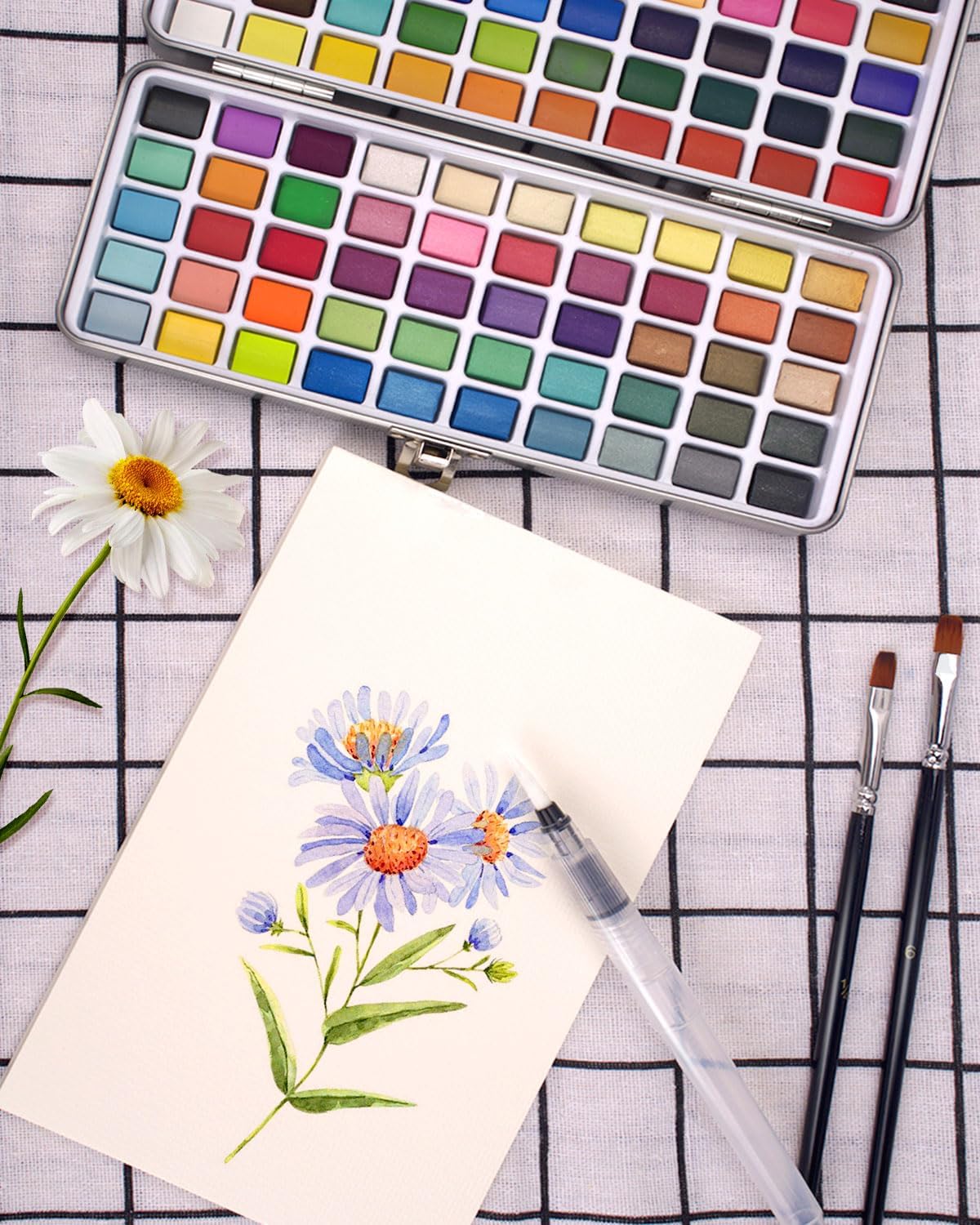 Keep Smiling ﻿100 Colours Watercolour Paint Set with 50 Regular, 44 Metallic, 6 Fluorescent Colours, Water Brush, Drawing Pencil, Brush Pen Perfect Starter Kit for Watercolor Painting