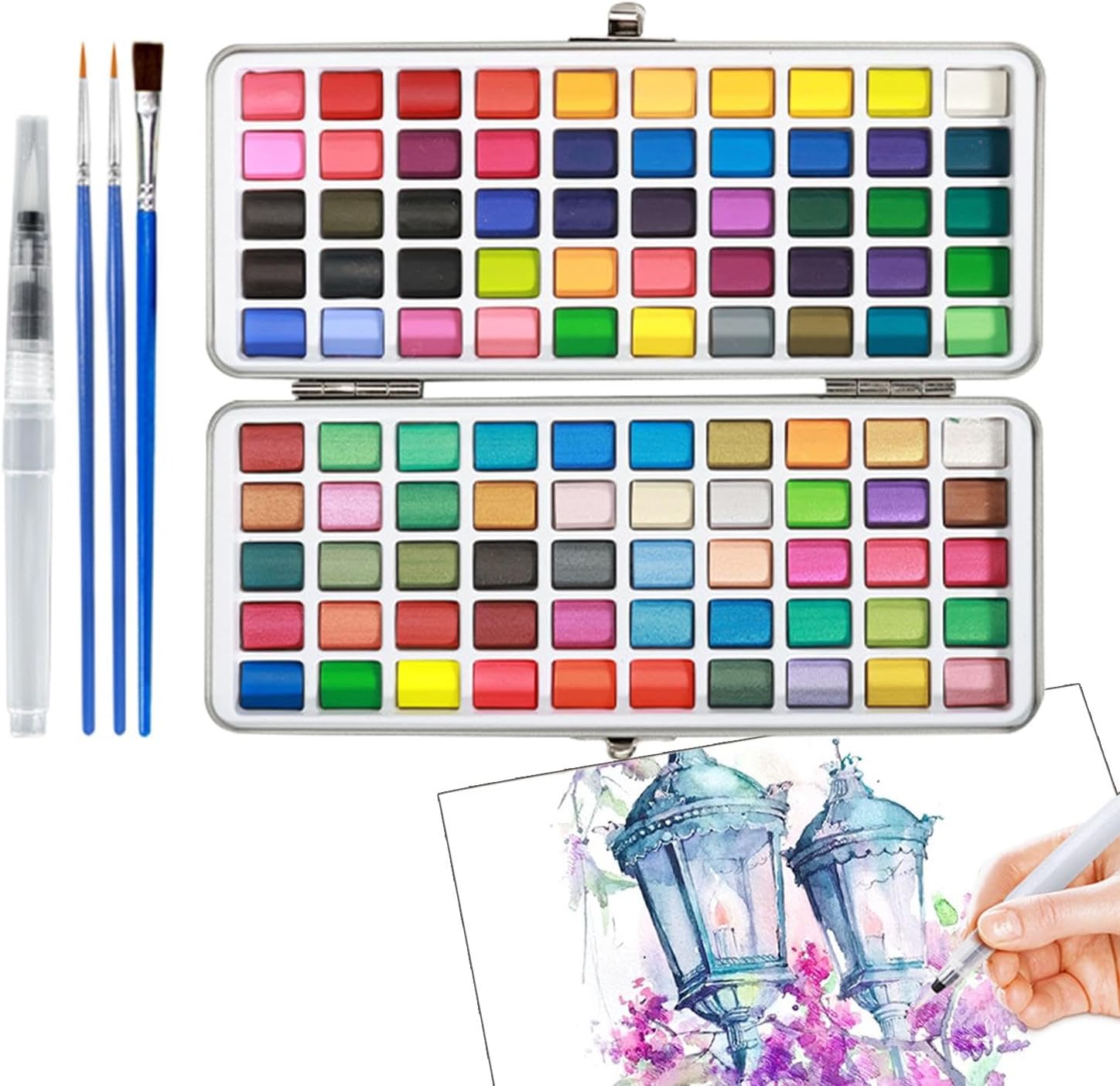 Keep Smiling ﻿100 Colours Watercolour Paint Set with 50 Regular, 44 Metallic, 6 Fluorescent Colours, Water Brush, Drawing Pencil, Brush Pen Perfect Starter Kit for Watercolor Painting