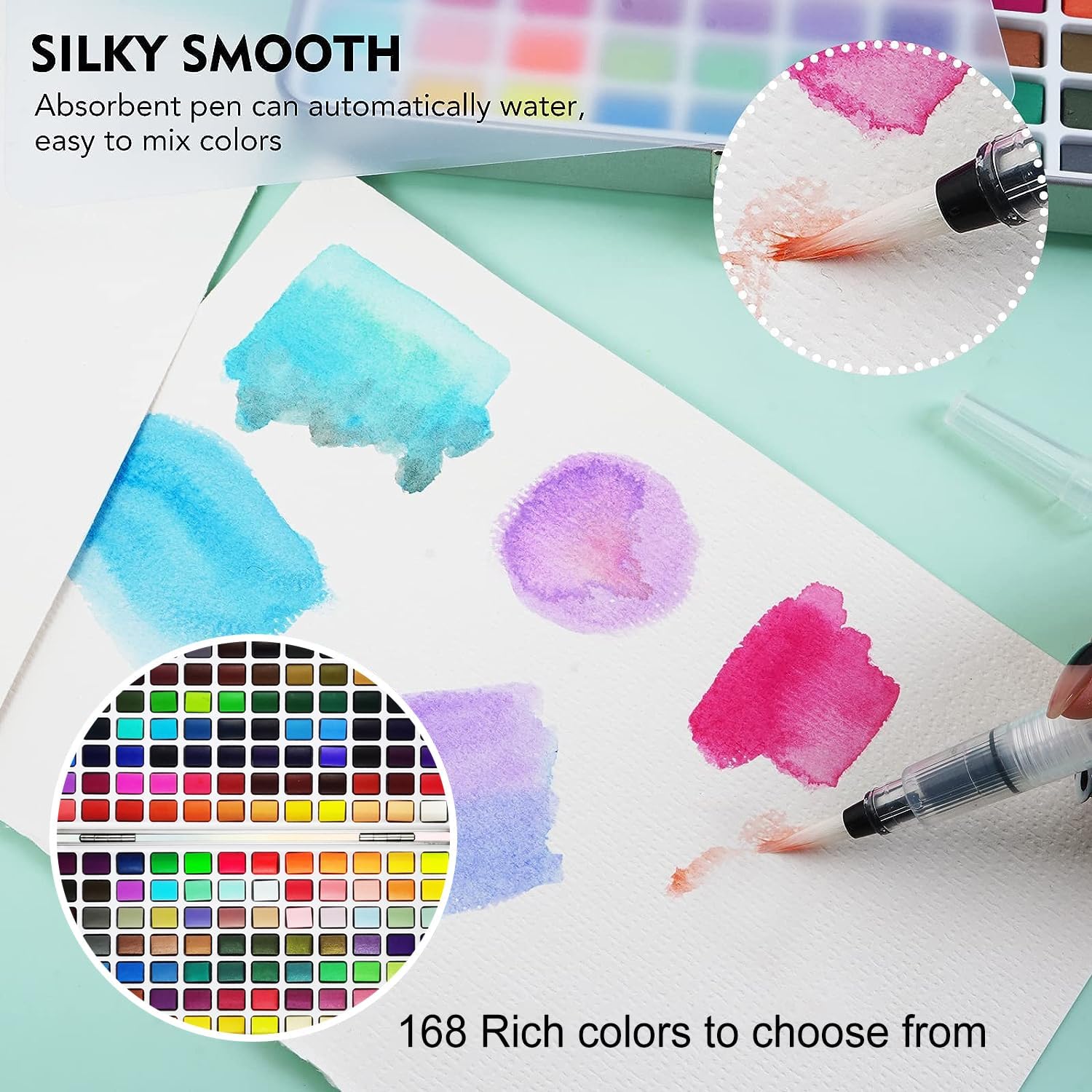 Keep Smiling ﻿100 Colours Watercolour Paint Set with 50 Regular, 44 Metallic, 6 Fluorescent Colours, Water Brush, Drawing Pencil, Brush Pen Perfect Starter Kit for Watercolor Painting
