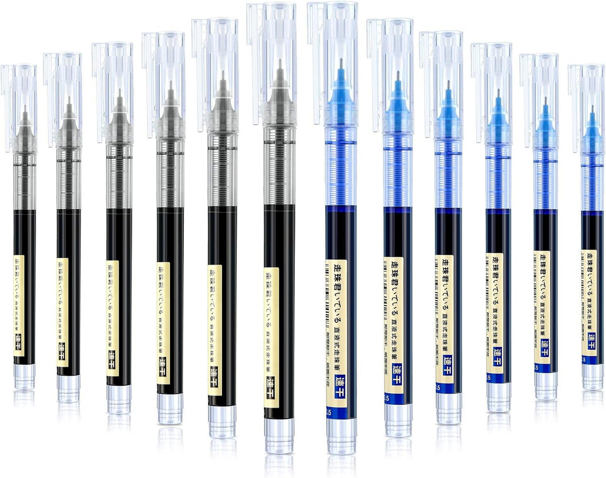 Liquid Ink Rolling Ball Stick Pens, Extra Fine Point (0.5mm) Rollerball Pens 6pc Blue, 6pc Black Pack of 12