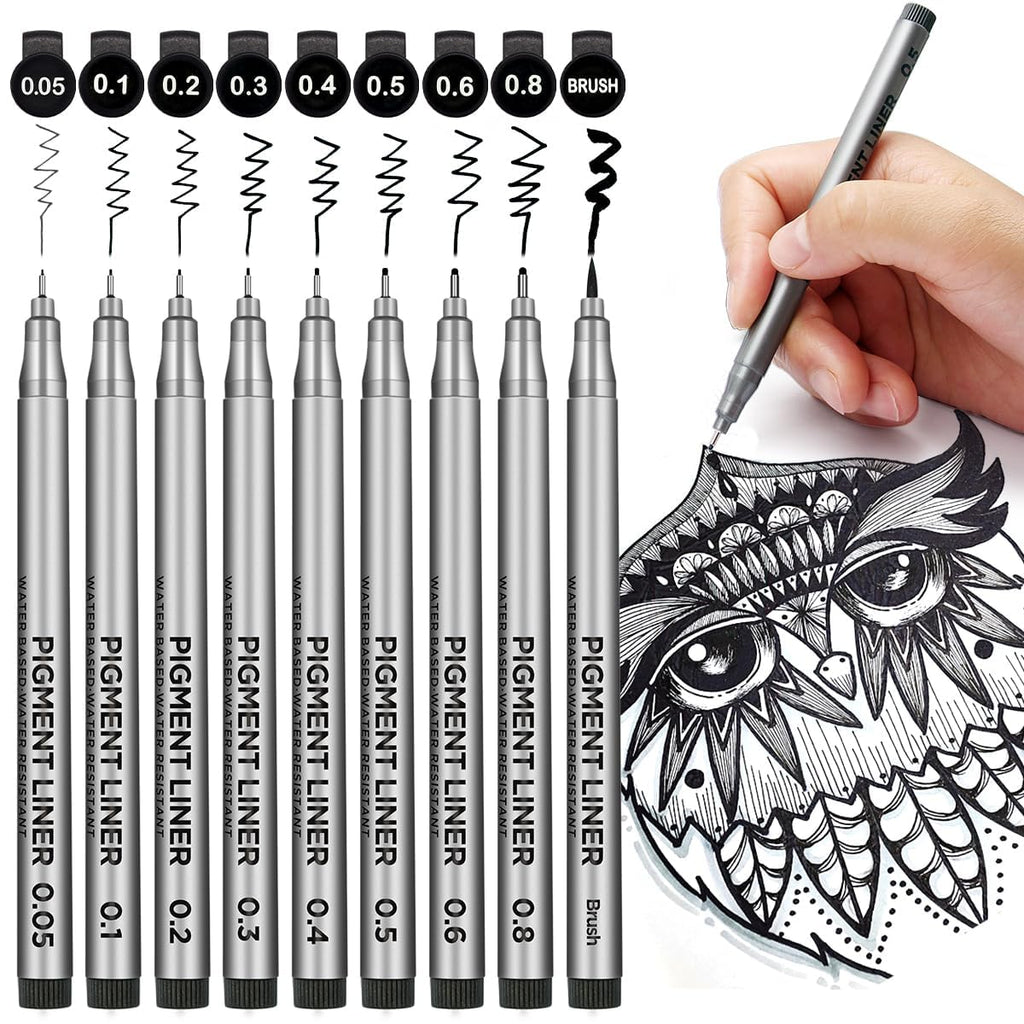 Black Micro-Pen Fineliner Ink Pens, Waterproof Archival Ink, Drawing Pens,  Artist Illustration Pens 9/Set(Black