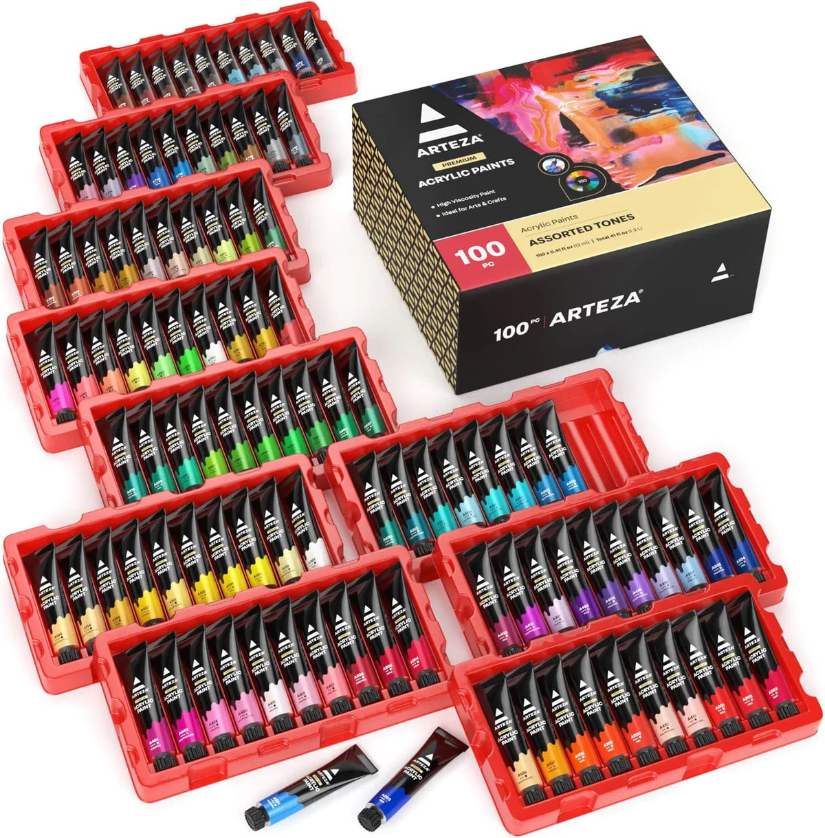 Arteza Acrylic Paint Set, 100 Colors, 0.41 fl Oz /12ml Tubes of Craft Paint, Heavy-Body, Glossy Finish, Colorful Addition to Your Art Supplies