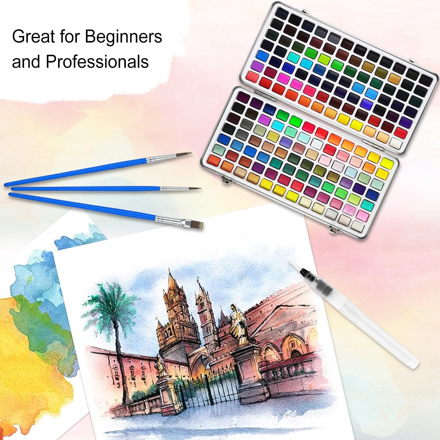 Keep Smiling ﻿100 Colours Watercolour Paint Set with 50 Regular, 44 Metallic, 6 Fluorescent Colours, Water Brush, Drawing Pencil, Brush Pen Perfect Starter Kit for Watercolor Painting
