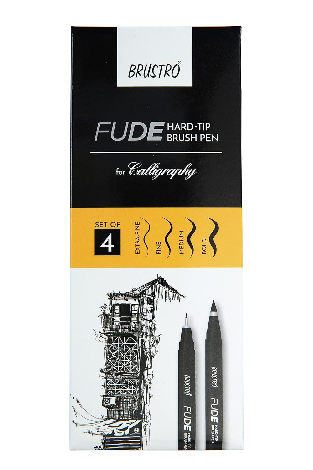 Brustro Fude Hard-tip Black Ink Calligraphy Brush Pen Set of 4. (Extra-fine/Fine/Medium/Bold)