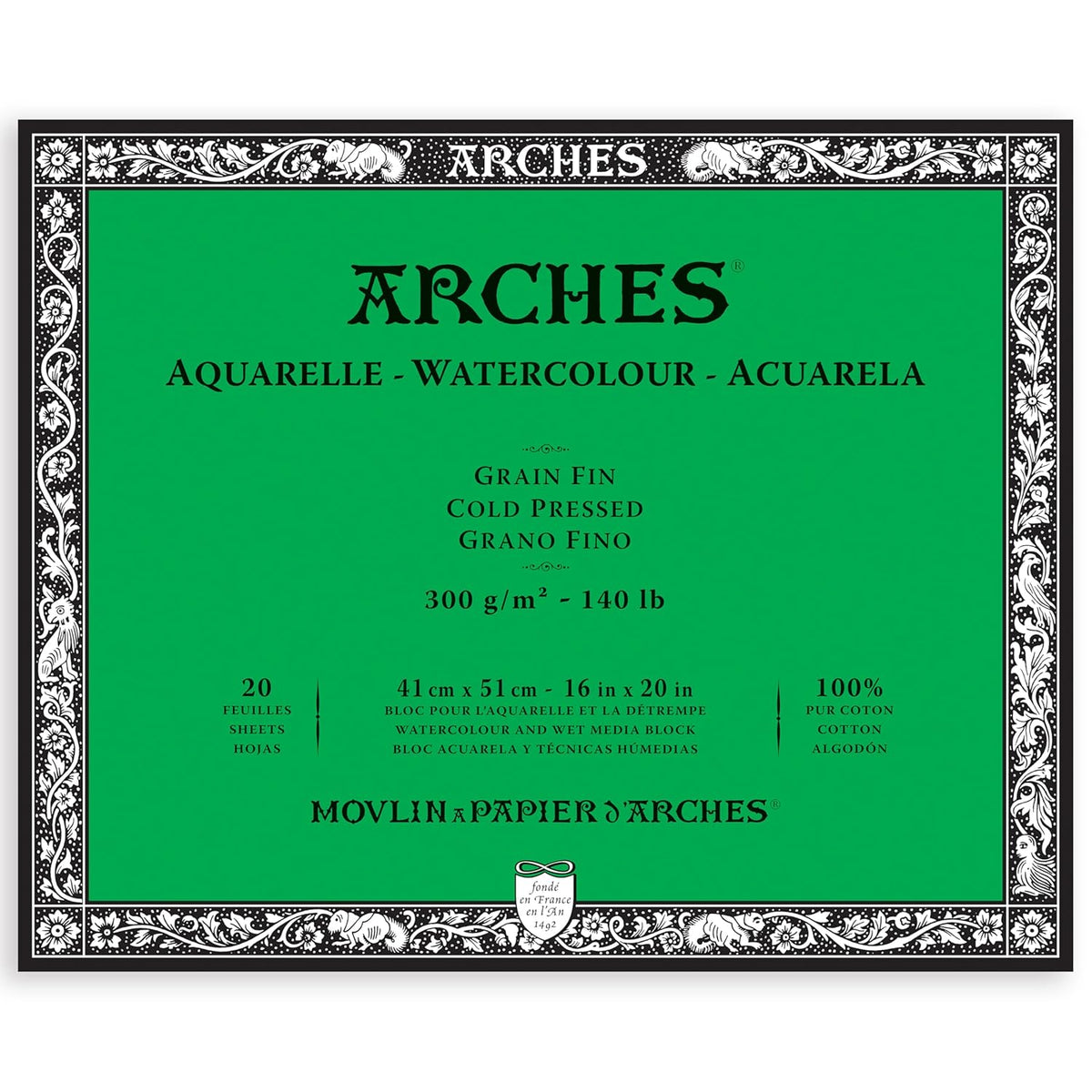 Arches Watercolour Paper Blocks | Cold Pressed Natural White | for Watercolor, Acrylic Painting, Gouache and Poster Color Painting | 300 GSM, 41 x 51 cm- 20 Sheets