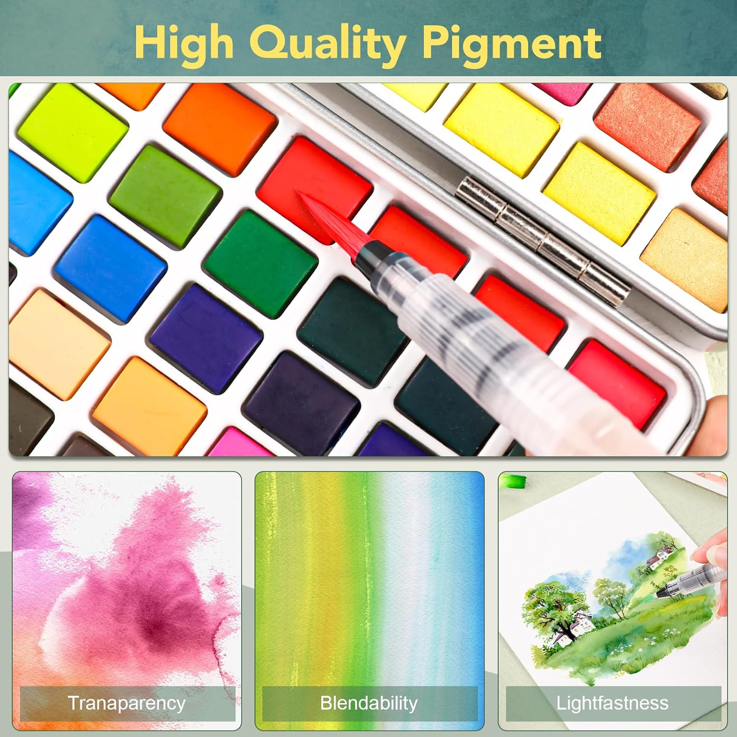 Keep Smiling ﻿100 Colours Watercolour Paint Set with 50 Regular, 44 Metallic, 6 Fluorescent Colours, Water Brush, Drawing Pencil, Brush Pen Perfect Starter Kit for Watercolor Painting