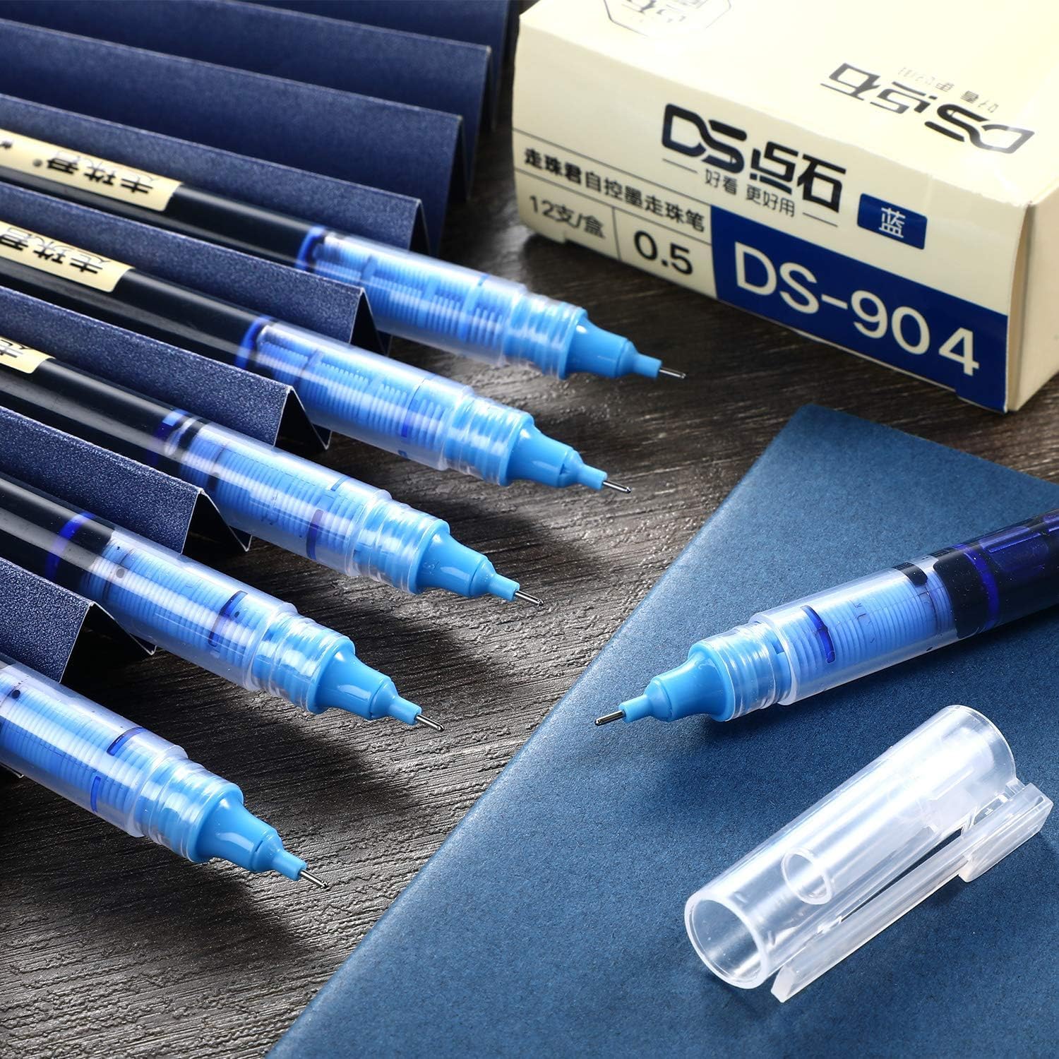 Liquid Ink Rolling Ball Stick Pens, Extra Fine Point (0.5mm) Rollerball Pens 6pc Blue, 6pc Black Pack of 12