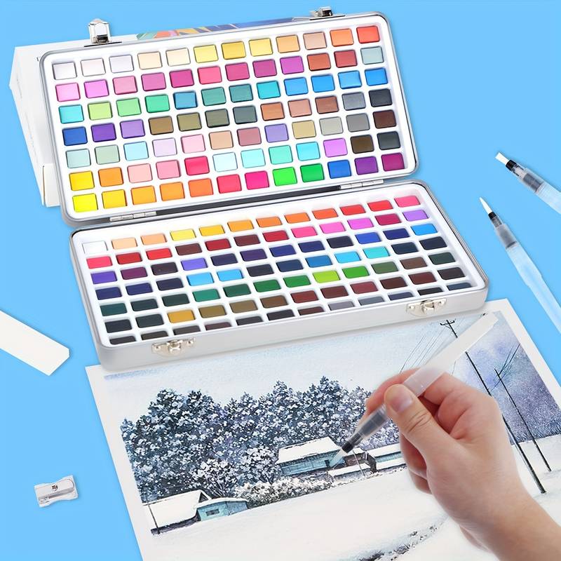 Like it Imported Solid Watercolour Paints Set of 168 Including Vivid, Metallic, Pearlescent and Fluorescent Colors, Travel Watercolor Set with Brush Pen