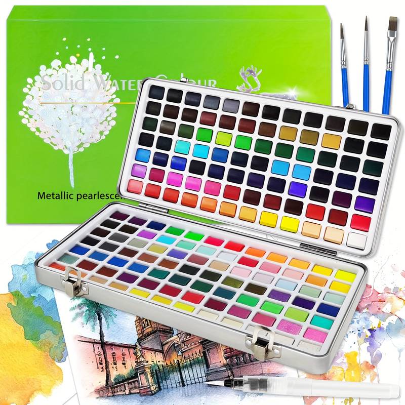 Like it Imported Solid Watercolour Paints Set of 168 Including Vivid, Metallic, Pearlescent and Fluorescent Colors, Travel Watercolor Set with Brush Pen