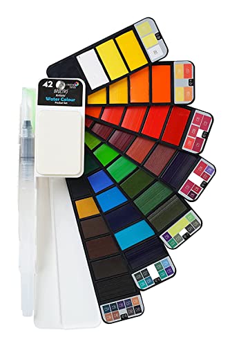 BRUSTRO Artists Watercolour Travel Pan Set of 42 Colours | Foldable, Rich Pigment, Vibrant Colors, Ideal for Plein Air Painting, Fine Art Students, Professional Use (Includes Mixing Palette)