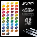 BRUSTRO Artists Watercolour Travel Pan Set of 42 Colours | Foldable, Rich Pigment, Vibrant Colors, Ideal for Plein Air Painting, Fine Art Students, Professional Use (Includes Mixing Palette)