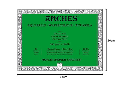 Arches Watercolour 300 GSM Cold Pressed Natural White 26 x 36 cm Paper Blocks, 20 Sheets