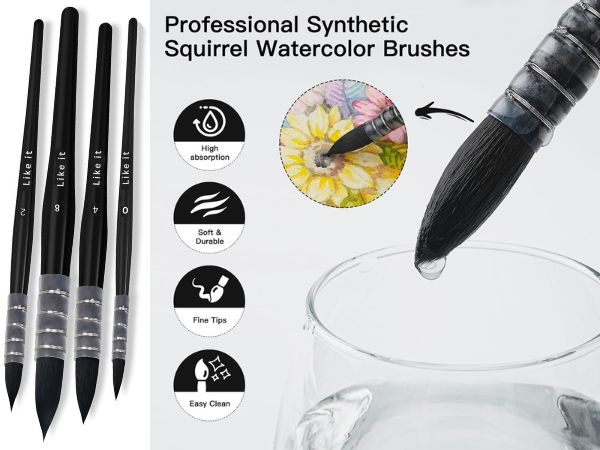 Like it Natural Synthetic Squirrel Hair Professional Watercolor Paint Brush, Round Pointed Paintbrush Set for Fine Details, Watercolor, Acrylic, Gouache Painting (4 Brushes) (Black)