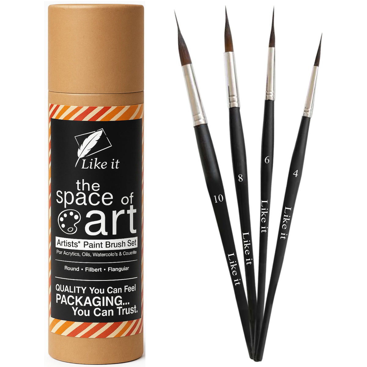 Like it Needle Brush Set, Professional Brushes, Sizes 4, 6, 8, 10, Kolinsky Synthetic Sable, Extended Needle Set Of 4 With Brush Holder