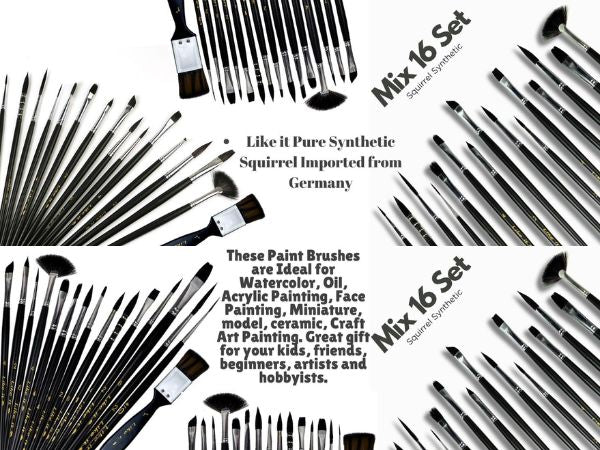 Like it Mix Painting Brush Set of 16 Brushes Synthetic Squirrel Premium bristles Perfect for Watercolor, Acrylic, Gouache, Face Painting with Excellent Liquid Holding Capacity