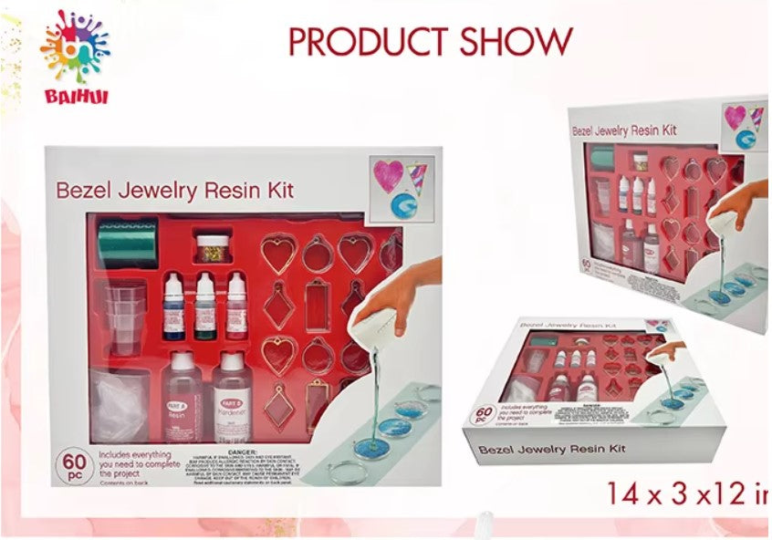 Likeit DIY Bezel Jewellery Making Kit, 60-Piece Set with Resin, Metal Bezels, Pigments, Necklaces and Tools