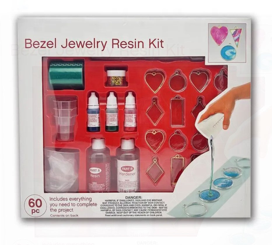 Likeit DIY Bezel Jewellery Making Kit, 60-Piece Set with Resin, Metal Bezels, Pigments, Necklaces and Tools