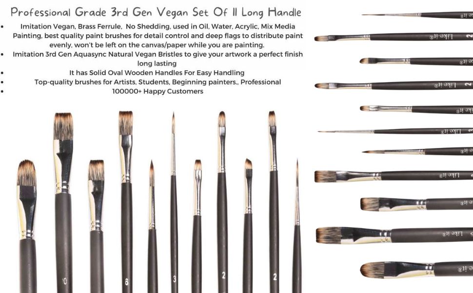 Like it Mix Set Of 11 Long Handle (3rd Gen Aquasync Natural Imitation Vegan Bristle) for Acrylic, Oil, Watercolour & Painting Brush Set