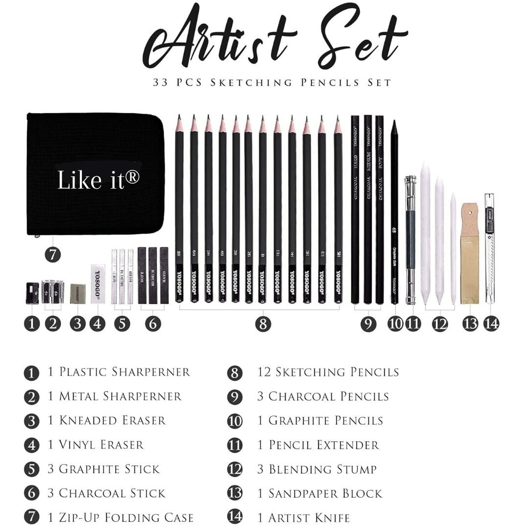 Like it Drawing Pencils Shading Pencils Set Drawing Kit Sketching Kit Sketch Pencils Set for Artists Charcoal Pencils for Artists Pencils for Artists Kit Graphite Pencil Set Artist Pencil Set 33 Pcs