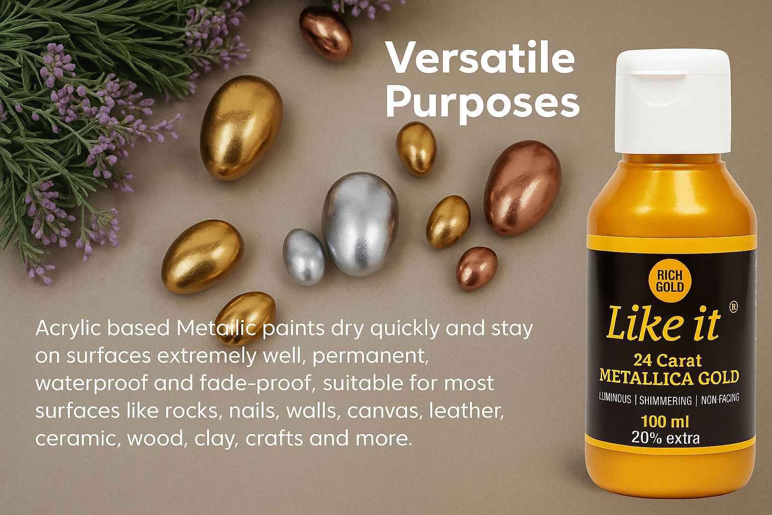 Like it 24 Carat Metallic Gold Acrylic Paint 120ml | Luminous Non-Fading Finish for Fabric, Wood, Metal, Paper, Clay, Stone, Glass & More | Multi-Surface Craft Paint for Artists & Hobbyists