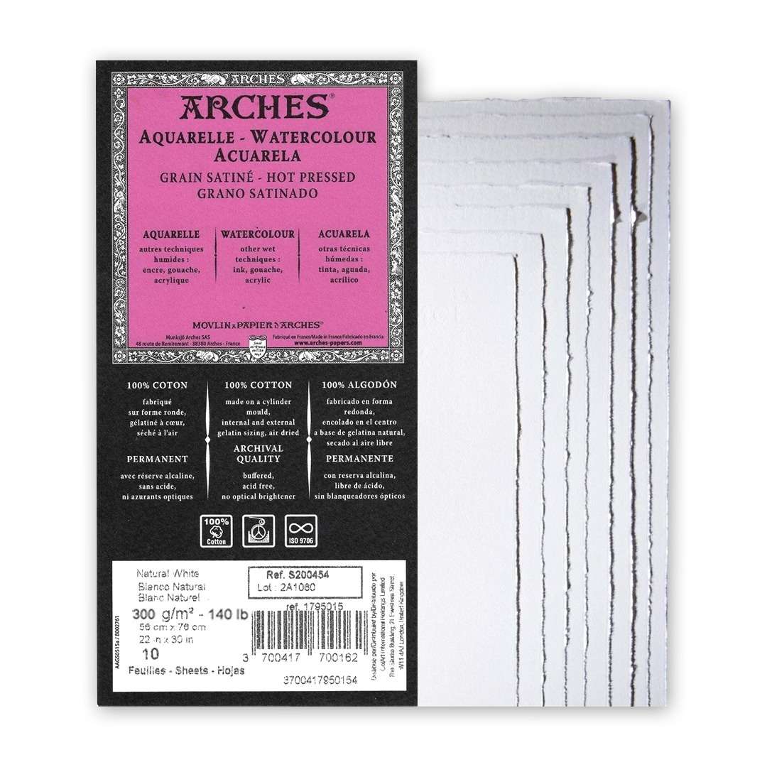 Arches Watercolour Hot Pressed ( 4 deckle edges) Pack of 10 Sheets (GSM 300, Size 56 cm x 76 cm)