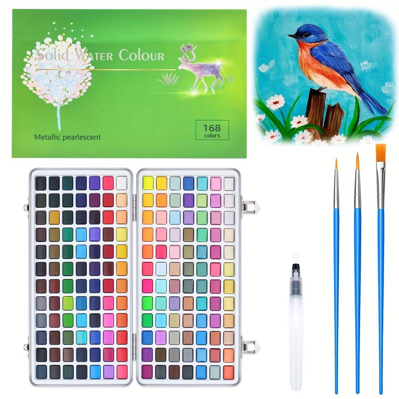 Like it Imported Solid Watercolour Paints Set of 168 Including Vivid, Metallic, Pearlescent and Fluorescent Colors, Travel Watercolor Set with Brush Pen