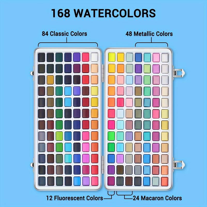 Like it Imported Solid Watercolour Paints Set of 168 Including Vivid, Metallic, Pearlescent and Fluorescent Colors, Travel Watercolor Set with Brush Pen