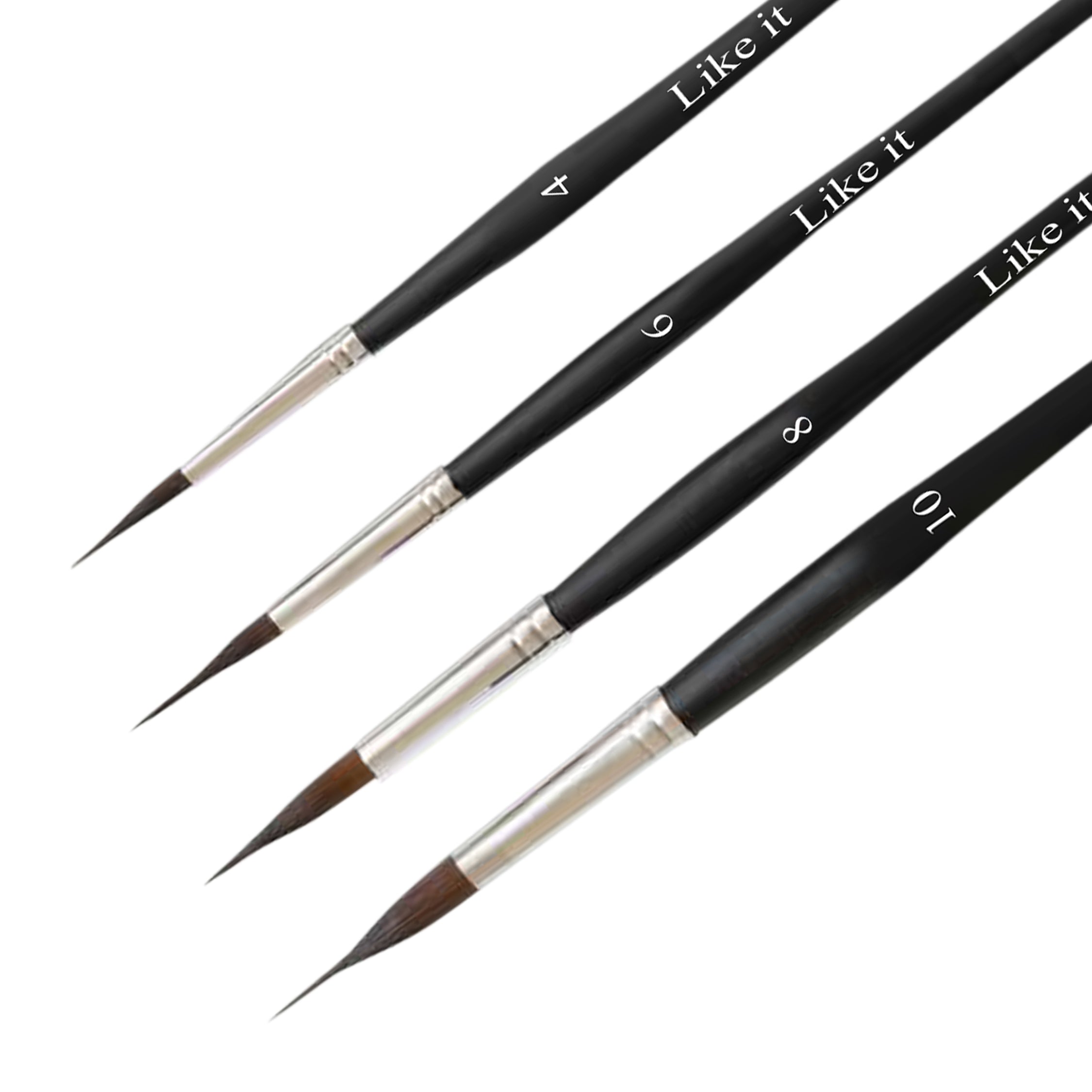 Like it Needle Brush Set, Professional Brushes, Sizes 4, 6, 8, 10, Kolinsky Synthetic Sable, Extended Needle Set Of 4
