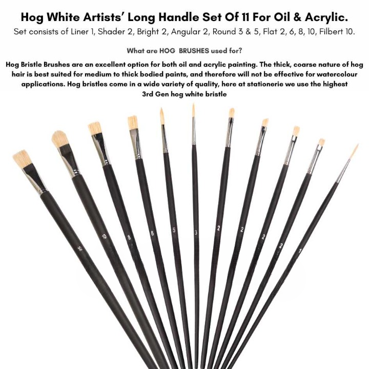 Like it Artists’ Mix Hog White Brush Set Of 11, Long Handle 11” Matte